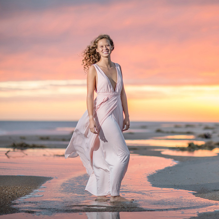 Sunset-beach-senior-portrait-pink-dress-nc-atlantic-beach