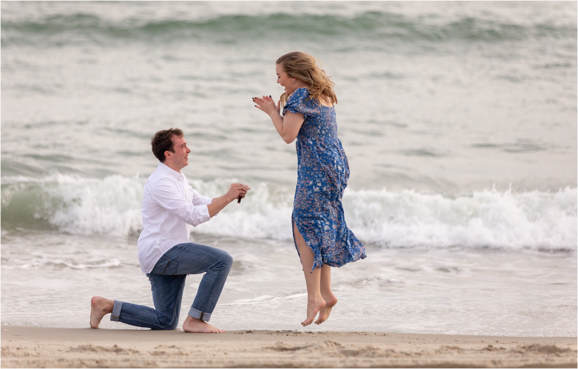 Surprise proposal at beach in Emerald Isle